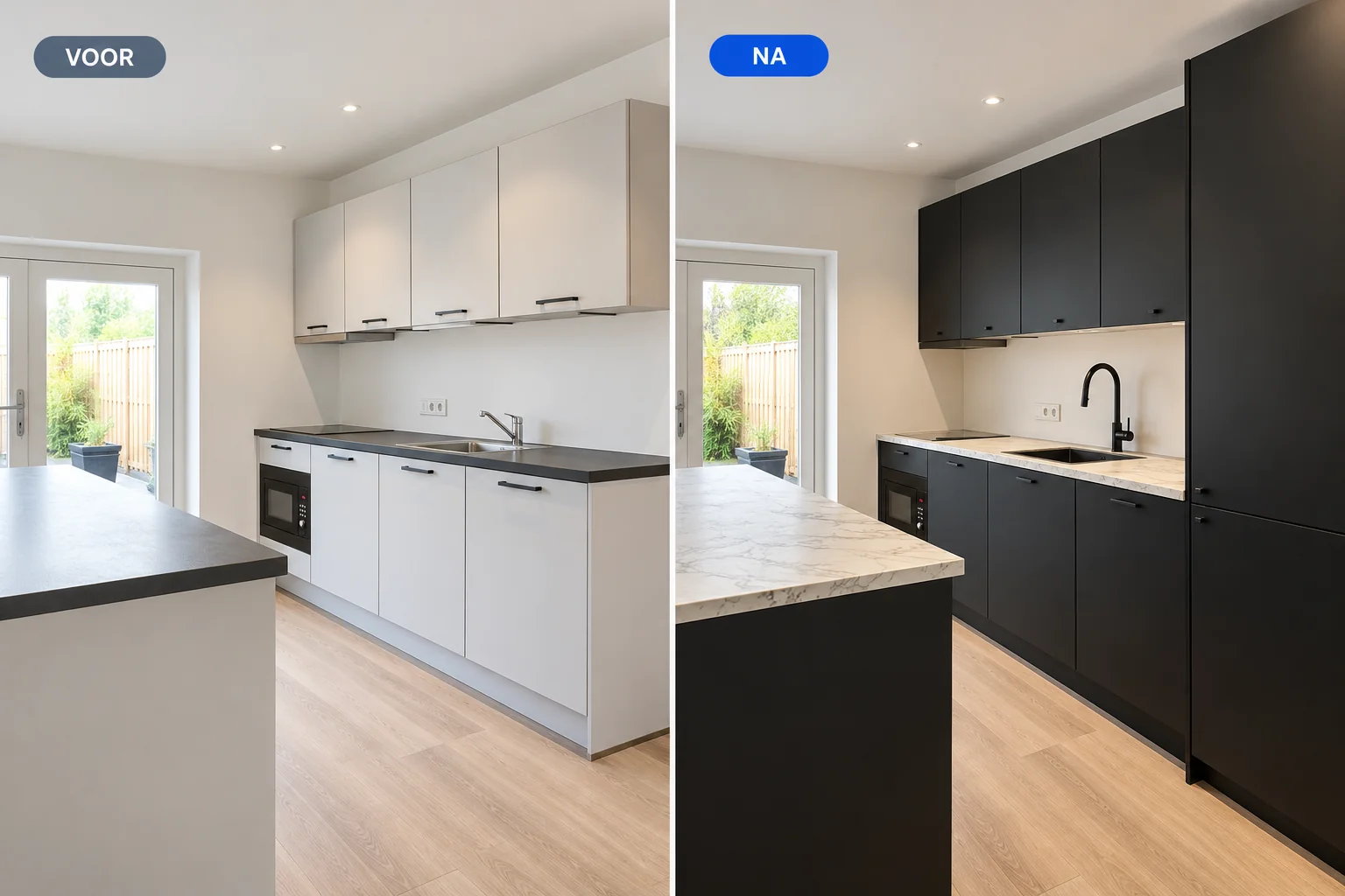 Inspiratievisualisatie van een keuken met lichte fronten vóór en matzwarte fronten na een nieuwe uitstraling